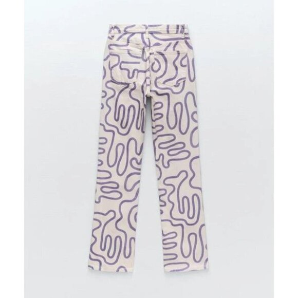 NWOT Zara beige cream & purple swirl graffiti printed straight high waist jeans - Picture 5 of 10